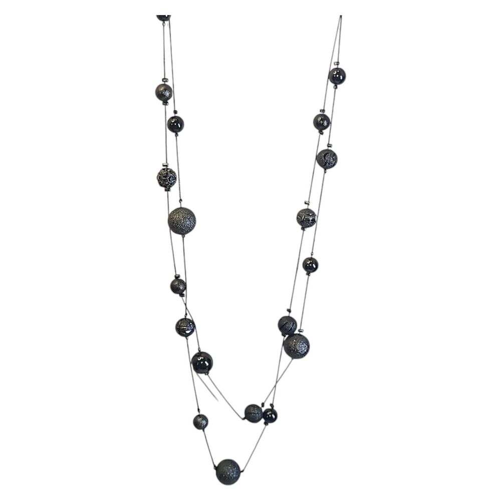 Vintage Y2k Black Gray & Silver Tone Metal Ball Layered Station Necklace 32"